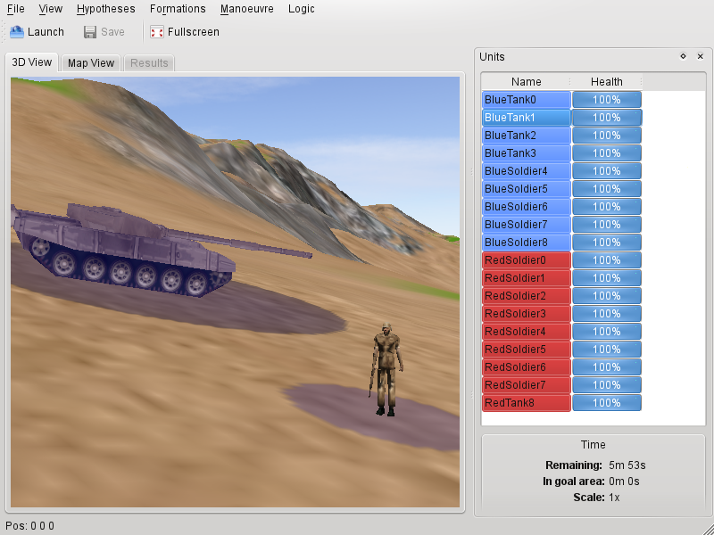 The hammerQt simulator: 3D view on the left, unit list and health on the right.