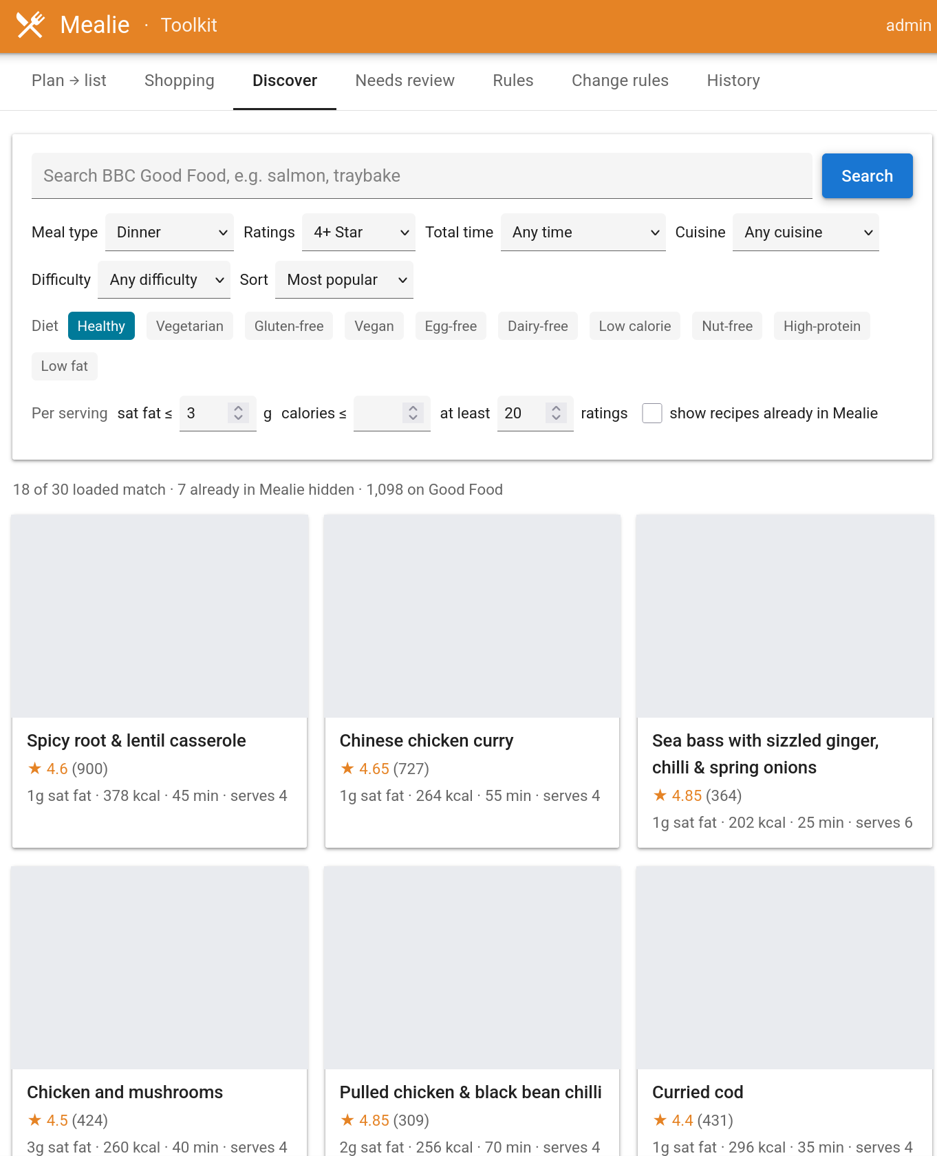 The toolkit’s Discover tab: a search box for BBC Good Food, filters for meal type, rating, time, cuisine, difficulty and diet, a per-serving limit of 3 g saturated fat and at least 20 ratings, then a grid of matching dinner recipes, each showing its star rating and per-serving sat fat, calories, time and servings. The recipe photos are blanked out.