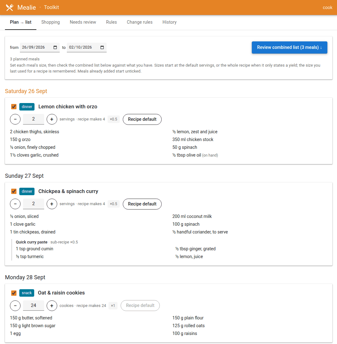 The Plan → list tab: three planned meals, each with a tick box, a − / + size control and its scaled ingredients.