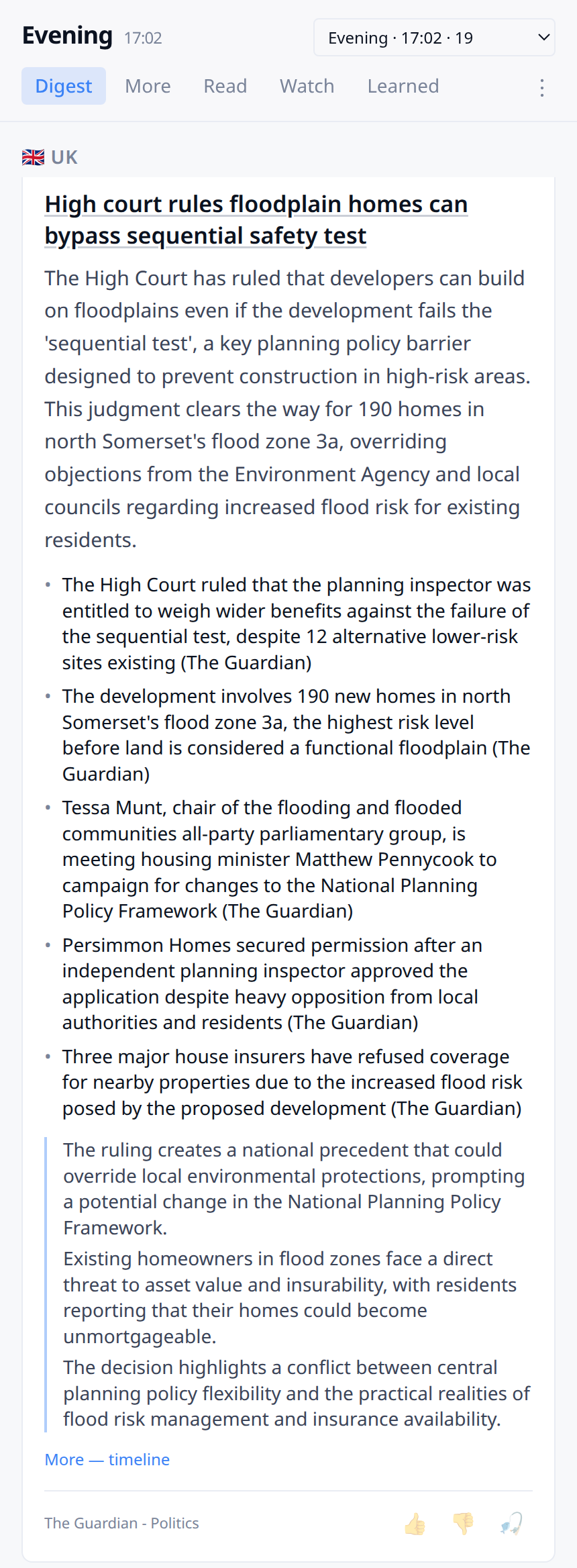 A digest card from the Evening edition: the UK section, a headline about a High Court floodplain ruling, a summary paragraph, five bullet-point highlights each credited to its source, three perspective notes, and a “More — timeline” link.