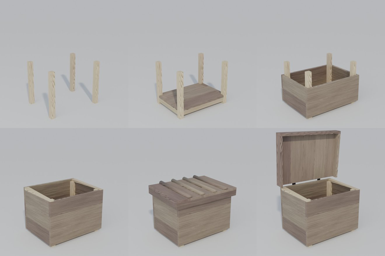 Six render stages on a plain grey background: four corner posts; posts with a floor; the first row of cladding; the full body; the lid with its cover strips; and the finished chest with the lid open.