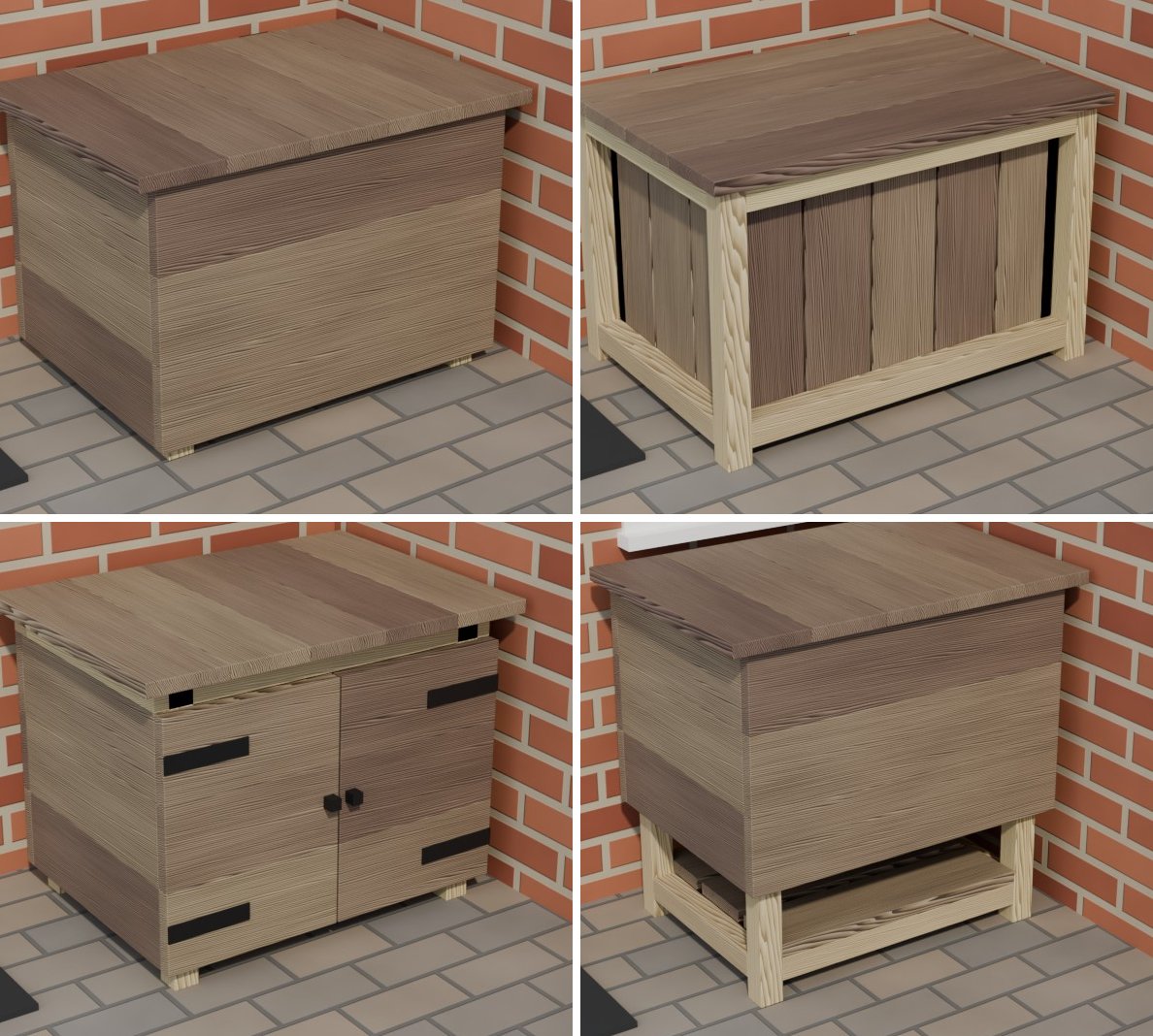 Four rendered wooden chests against a brick corner: a plain boxy chest, a chest with an exposed pale frame and vertical boards, a two-door cabinet with black strap hinges, and a chest raised on legs with a shelf below.